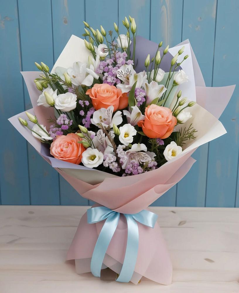 Букет цветов из: Лизиантусы, Розы, Альстромерии и Гипсофила в Красном Сулине